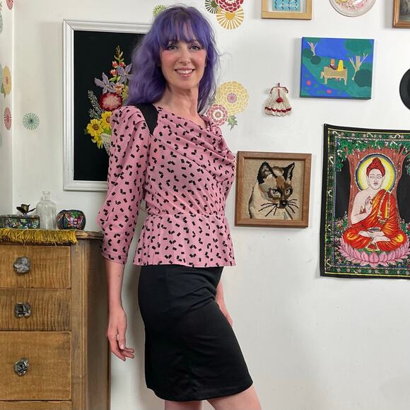 Vintage Disco Secretary Dress, Early 1980s Mauve & Black Peplum Mini Sz S - Picture 2 of 10